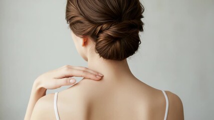 Closeup back view of a woman with an elegant updo hairstyle, showing her neck and shoulders, exuding sophistication and beauty