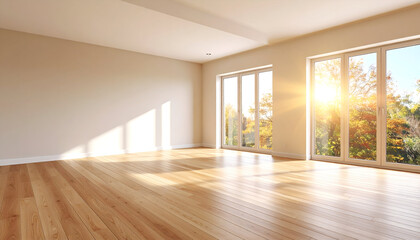 A bright, empty corner living space with natural light wood flooring and beige walls, showcasing a sun flare through the window.