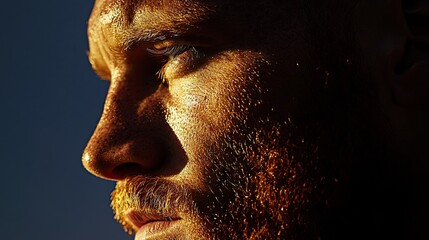 Obraz premium Close-up profile view of a man's face with golden tones.