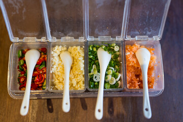 Seasoned side dishes for shabu or sukiyaki at Japan restaurant