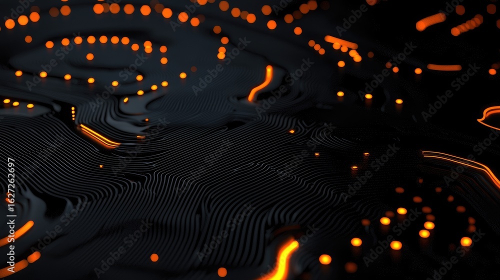 Poster abstract design with dark patterns and glowing points.