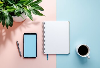 Flat lay of a plant, phone, notebook, and coffee cup on a two-toned background.