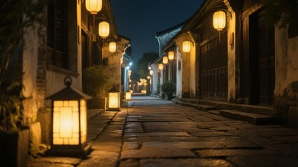 Illuminated traditional alleyway at night with lanterns casting warm light on stone pavement