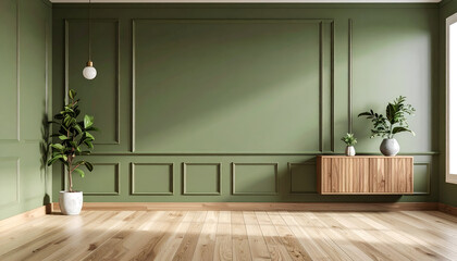 Minimalist studio mockup with an olive green accent wall, floating oak cabinet, and soft natural light creating a serene interior design background.