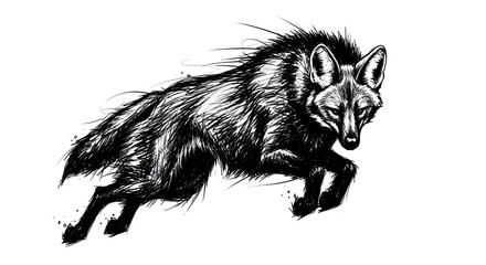 sketch of a Brazilian maned wolf lobo-guará in a powerful mid-air leap, charcoal drawing, scribbled lines, drawing, illustration, dangerous, scary, 
