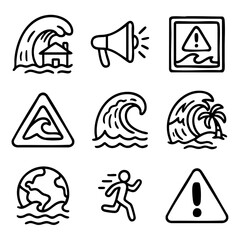 Fototapeta na wymiar A set of doodle line icons showing tsunami warnings, dangerous ocean waves, natural disasters, evacuation signs, and coastal flooding impacts