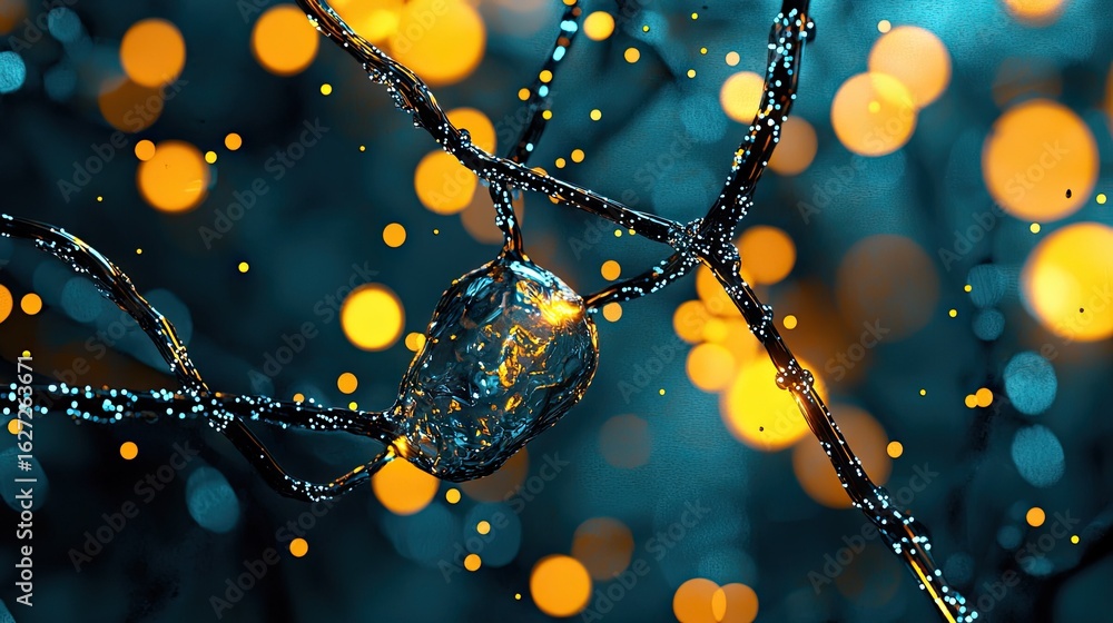 Poster intricate network of glowing structures against a teal backdrop.