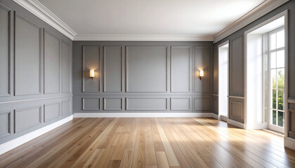 An elegant mockup featuring a classic room with soft gray wall paint, subtle wainscoting, wide pine flooring, and warm ambient indoor light.