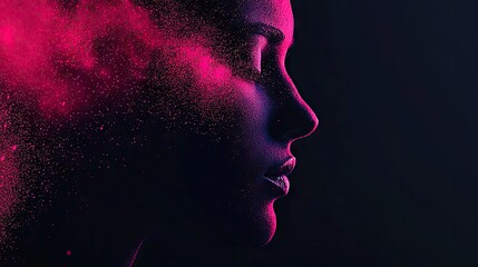 A vibrant profile of a person with pink particles.