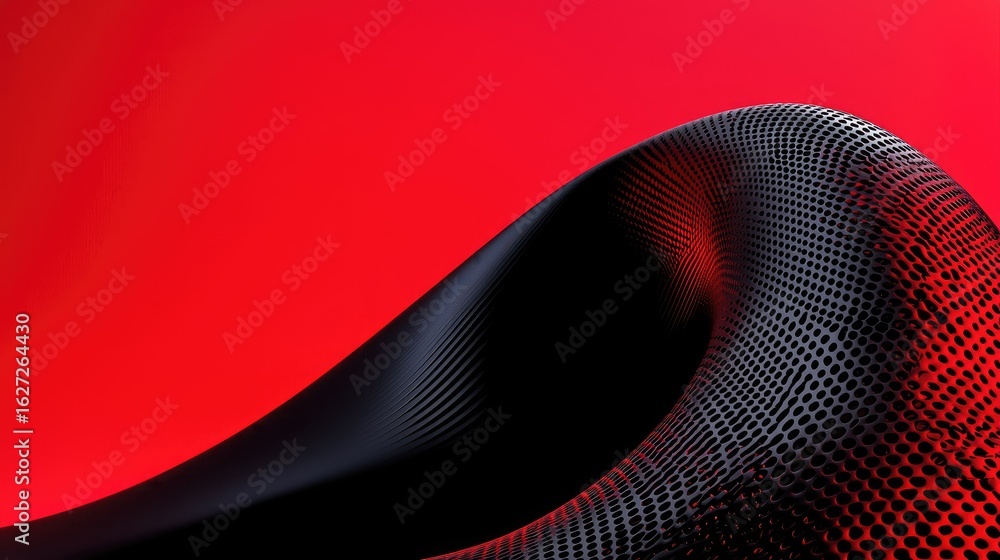 Poster abstract design with a textured, black form against a red background.