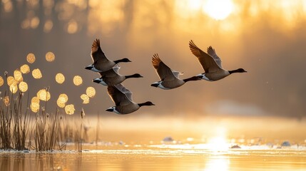 Golden hour flight of Canada geese over tranquil water.