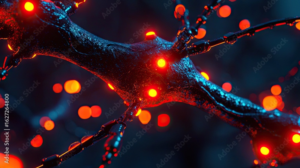 Poster intricate neuron structure highlighted with glowing lights.