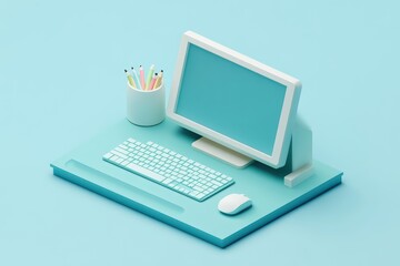 Fototapeta premium Pastel-colored computer setup on a light teal background.