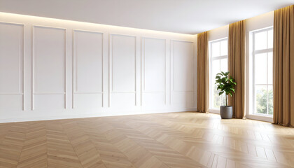 Spacious empty transitional room interior with white panel walls, light oak herringbone flooring, and soft ambient indoor lighting.