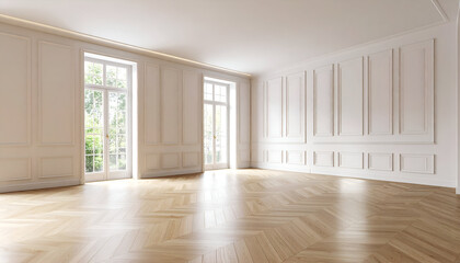 Obraz premium Elegant interior of an empty transitional room with smooth white panel walls and a light oak herringbone floor under soft ambient indoor lighting.