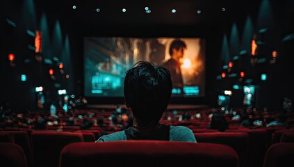 A moviegoer in a darkened cinema