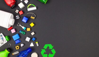 Assorted colorful plastic waste on dark background