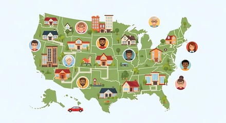 Fototapeta premium A map of the usa showcasing diverse communities and locations, isolated on white background