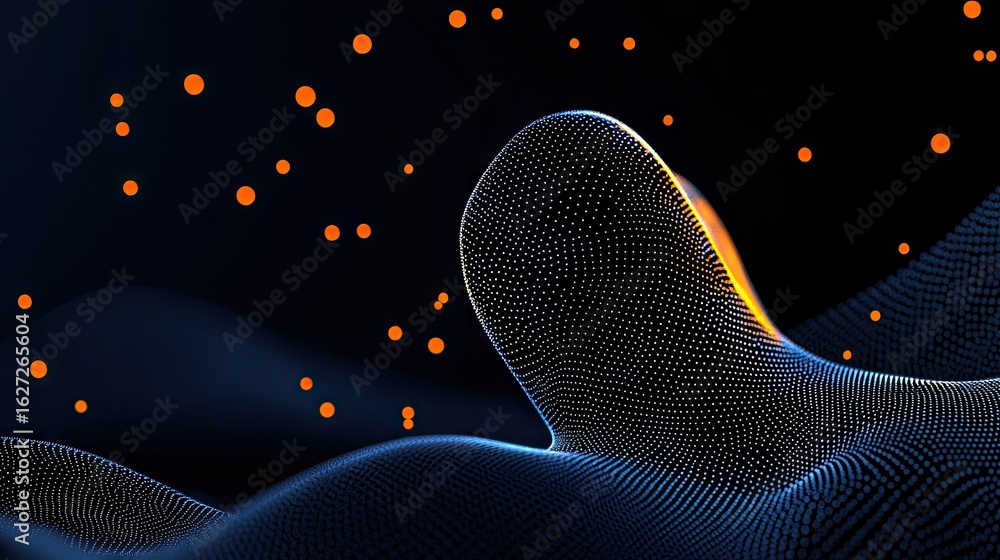 Poster abstract digital form with glowing orange particles.