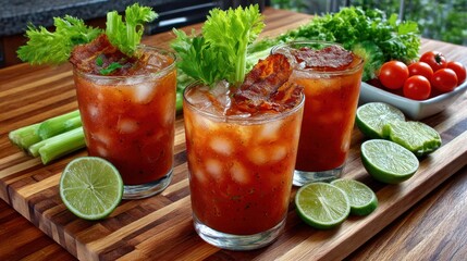 Bloody Mary cocktails on a wooden board