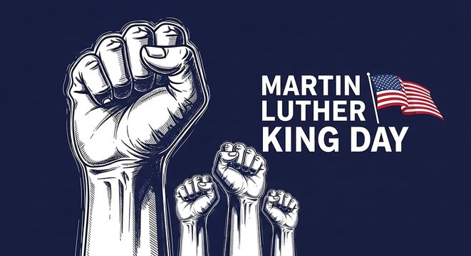 Illustration of martin luther king day with raised fists and american flag on dark blue background