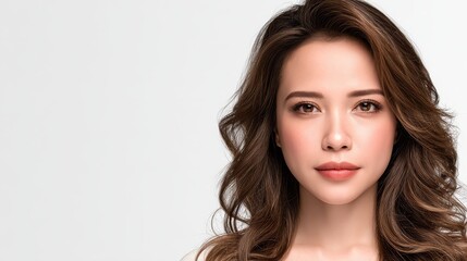 Naklejka premium Elegant woman with long brown hair in a white shirt, minimalist portrait.