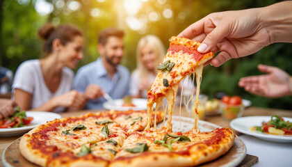 Hand reaching for cheesy pizza slice at outdoor gathering with friends