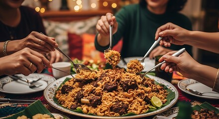 Feast of Flavor A Group Enjoying a Deliciously Prepared Biryani Meal Together Around a Table