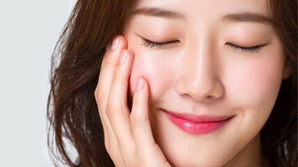 Fototapeta premium Serene woman with closed eyes and hand on cheek, a portrait of tranquility inner peace.