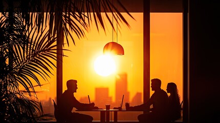 Fototapeta premium Silhouette people working at sunset through large windows.