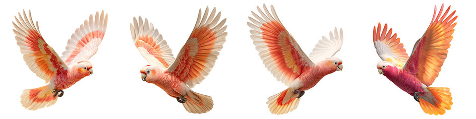 Fototapeta premium Set of flying pink cockatoos with spread wings, isolated on a transparent background.