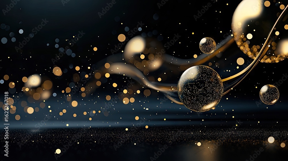 Poster abstract design with golden spheres and flowing lines.
