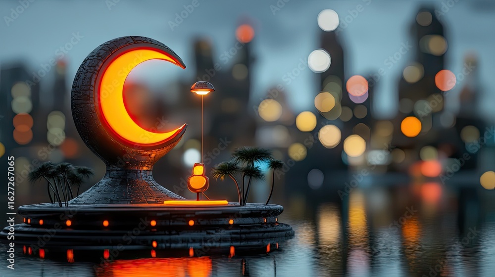 Poster floating futuristic structure illuminated by a glowing moon.