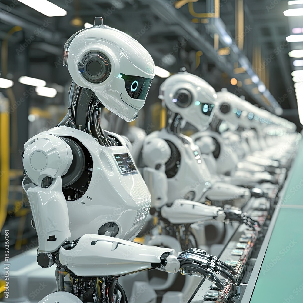 Poster automated assembly line of futuristic robots in a modern factory.
