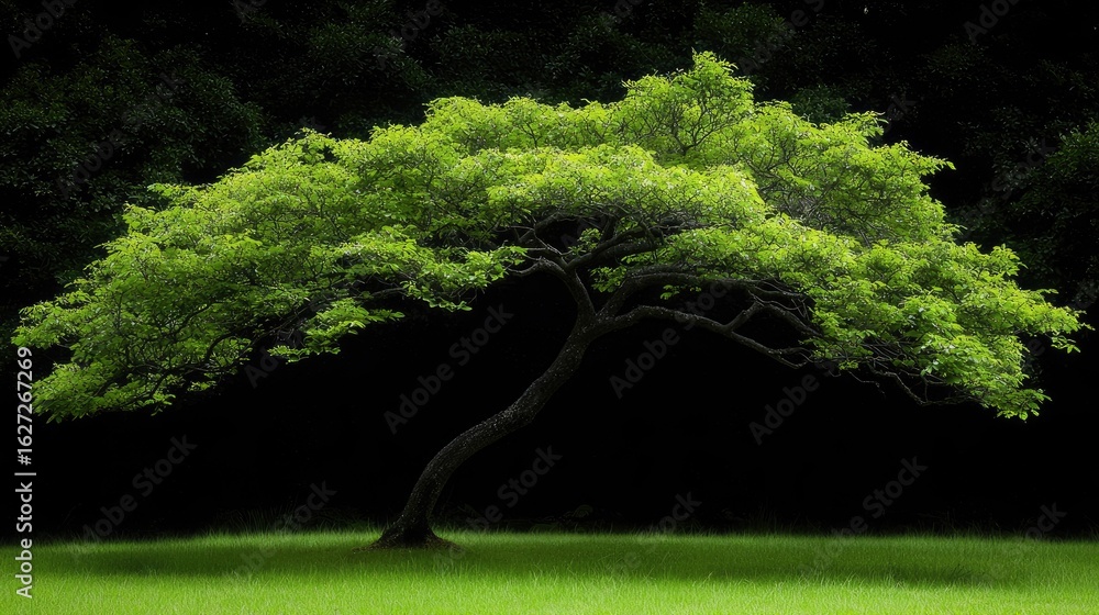 Aufkleber lush green tree with a swaying branch in a grassy field.