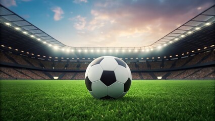 A soccer ball sits on the green grass of a stadium field under a cloudy and bright sky at daytime