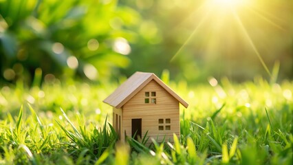 Wooden house miniature on green grass with sunlight creating a bright and peaceful atmosphere