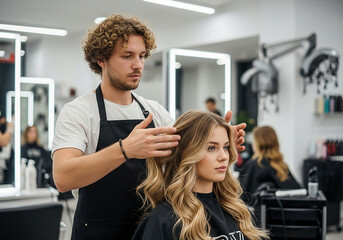 Hairdresser styling clients long blonde hair in modern salon