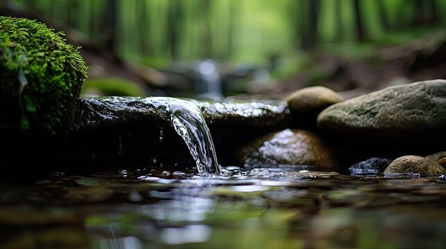 Gentle stream cascading over stones in a lush forest.