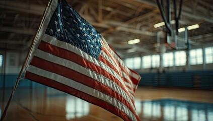 USA flag waves in school gym honoring veterans with kids playing basketball