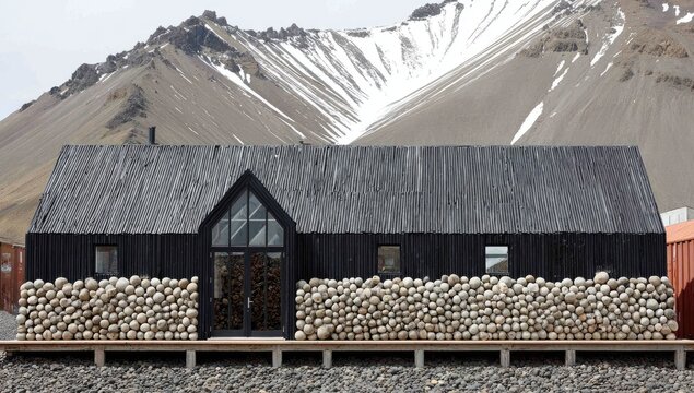 Modern black-shingled building, stacked stones, mountain backdrop