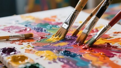 Fototapeta premium Artistic Palette with Paintbrushes and Vibrant Colors