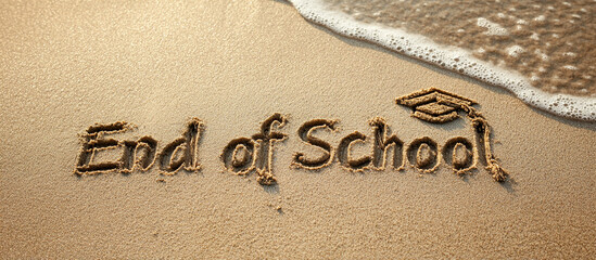 Graduation Message End of School in Smooth Wet Sand with One-Line Cap Illustration and Gentle Ocean Wave in Wide Academic Beach View