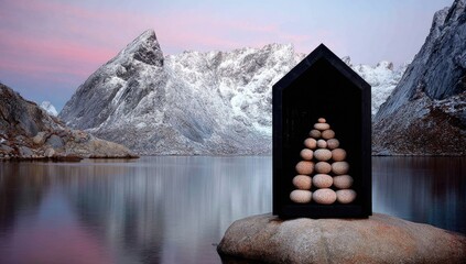 Small black wooden shelter, rock cairn inside, serene arctic landscape