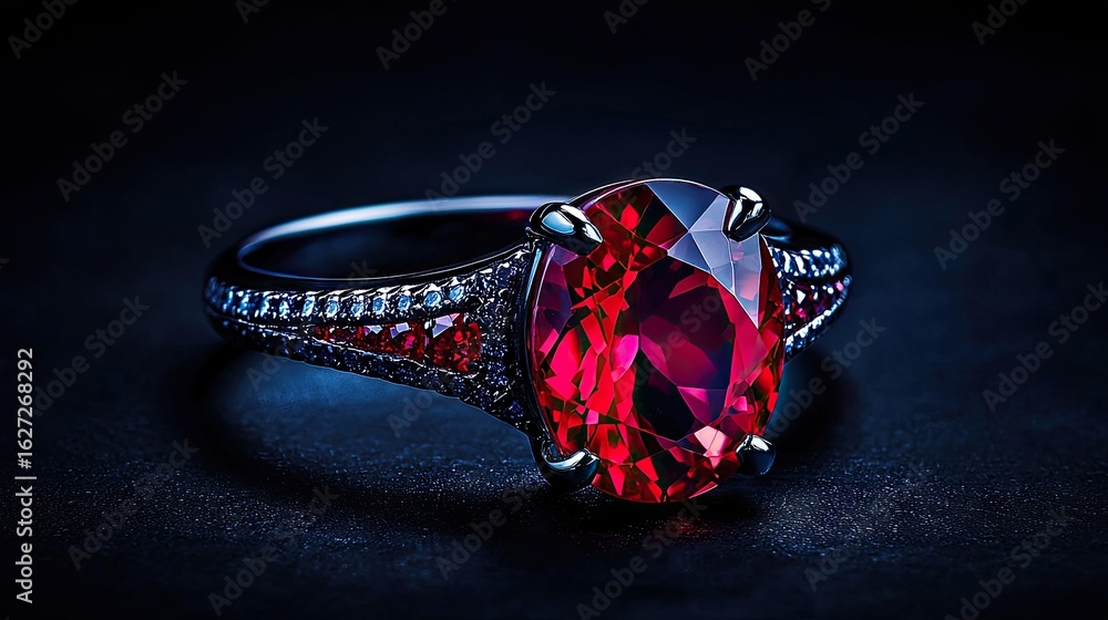 Poster close-up view of an elegant ruby ring against a dark background.