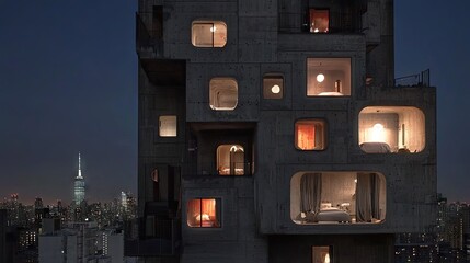 A modern concrete apartment building at night with city lights.