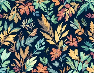 seamless floral and leaves pattern with blue background