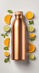 Copper water bottle surrounded by citrus and mint