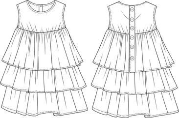 Flat sketch of girls tiered dress, sleeveless design with button back closure, ruffle layers, kids fashion technical drawing, vector template