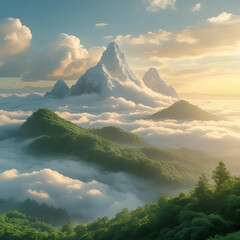 Floating mountains above the clouds, golden sunrise, lush green forests, surreal landscape, peaceful and dreamy atmosphere

